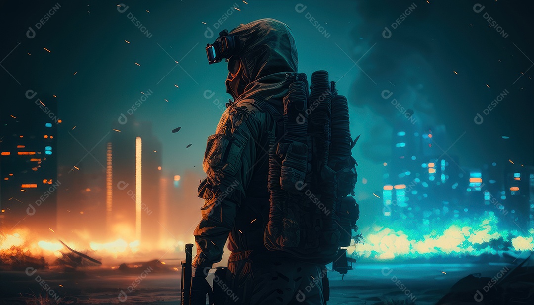 Jovem soldado usando mascara de oxigênio.