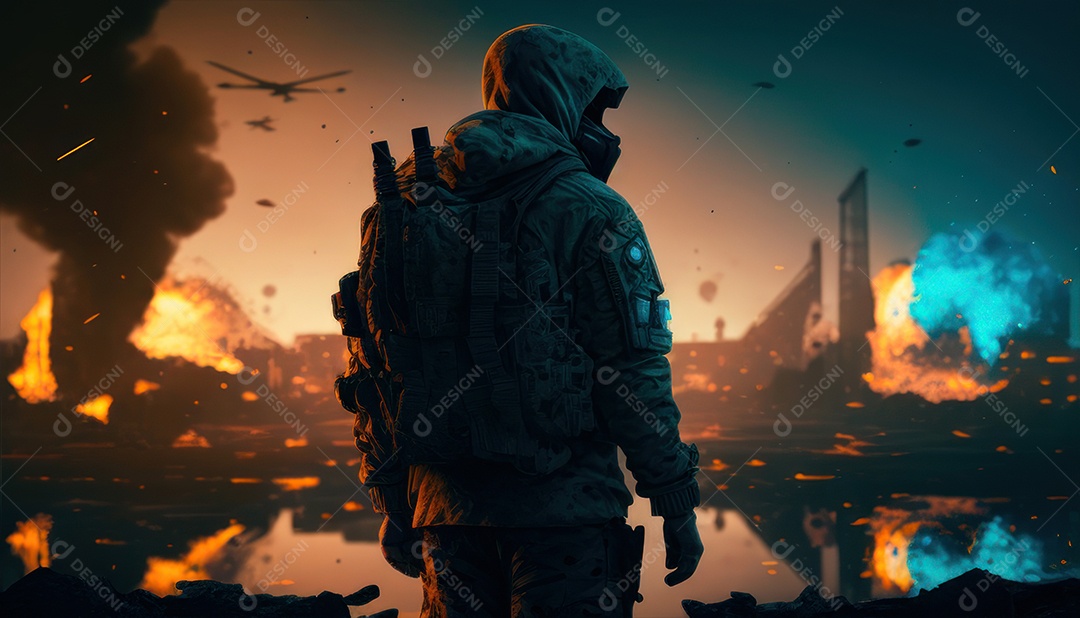 Jovem soldado usando mascara de oxigênio.