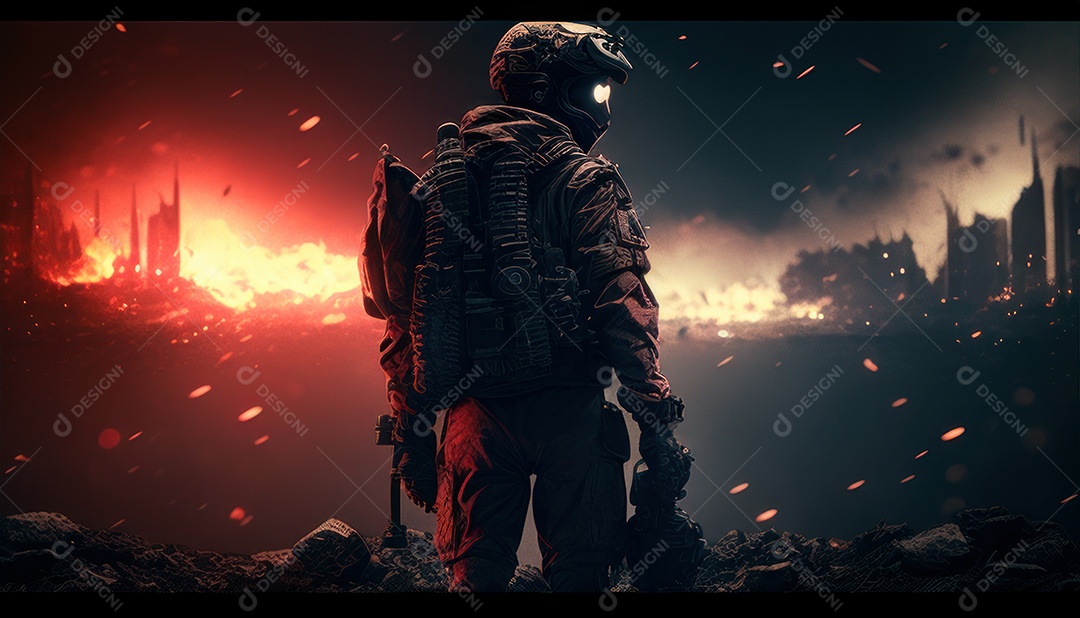 Jovem soldado usando mascara de oxigênio.