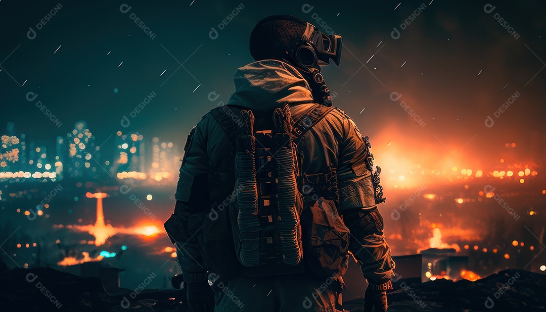 Jovem soldado usando mascara de oxigênio.