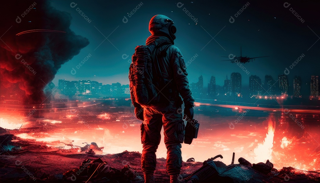 Jovem soldado usando mascara de oxigênio.