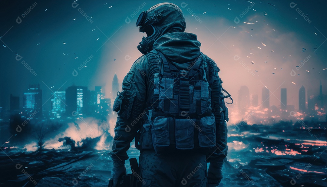 Jovem soldado usando mascara de oxigênio.