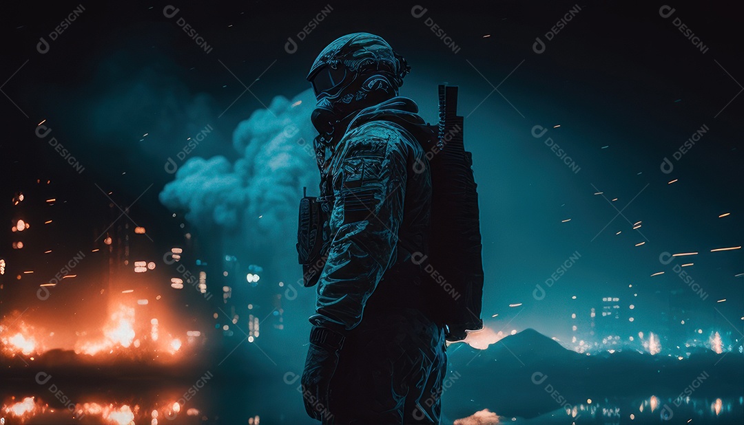 Jovem soldado usando mascara de oxigênio.