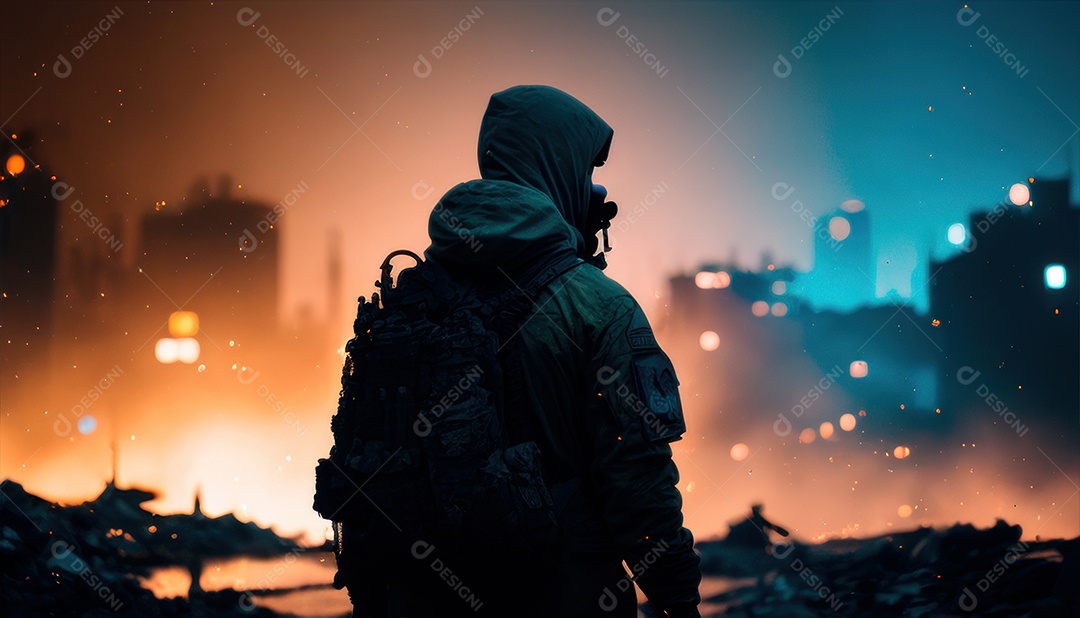 Jovem soldado usando mascara de oxigênio.