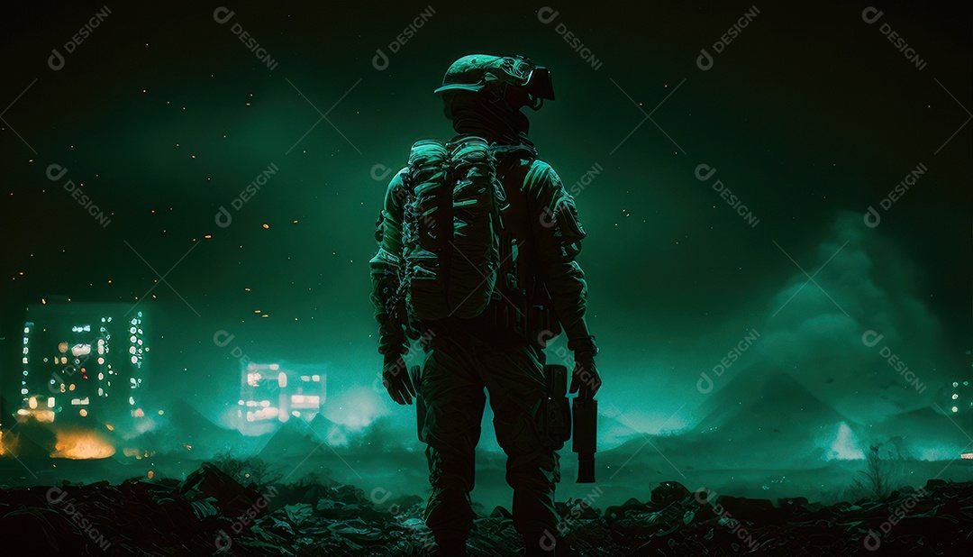 Jovem soldado usando mascara de oxigênio.