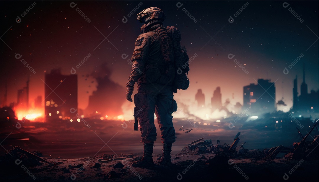 Jovem soldado usando máscara.