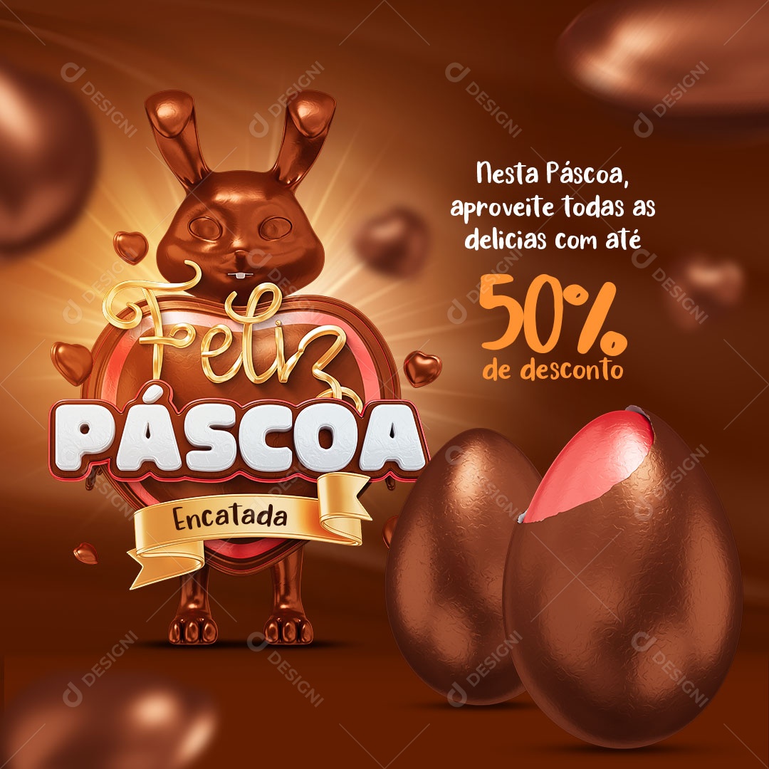 Feliz Páscoa Encantada Nesta Pácoa Aproveite Todas as Delicias Com Até 50% de Desconto Social Media PSD Editável