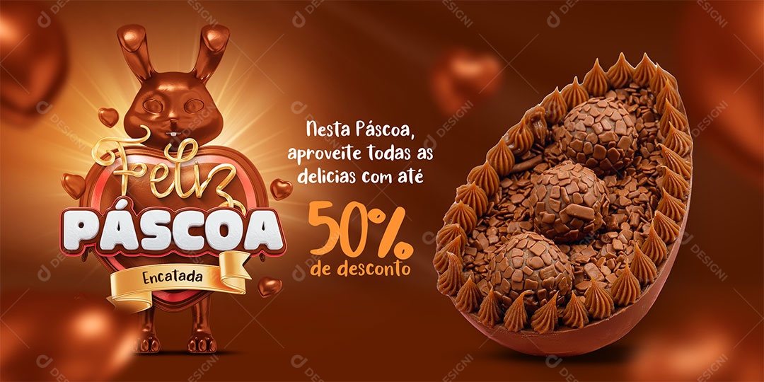 Banner Feliz Páscoa Encantada Nesta Pácoa Aproveite Todas as Delicias Com Até 50% de Desconto Social Media PSD Editável