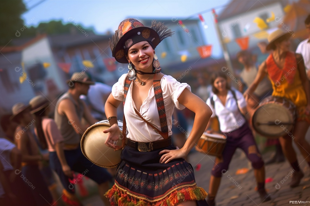 Mulher feliz com roupas típicas de festa junina