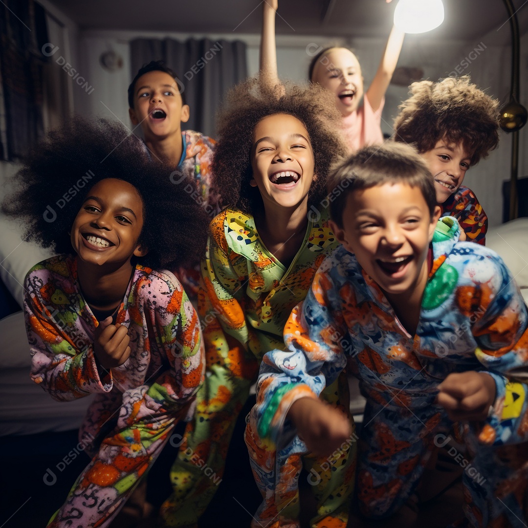 Crianças de várias etnias na festa do pijama