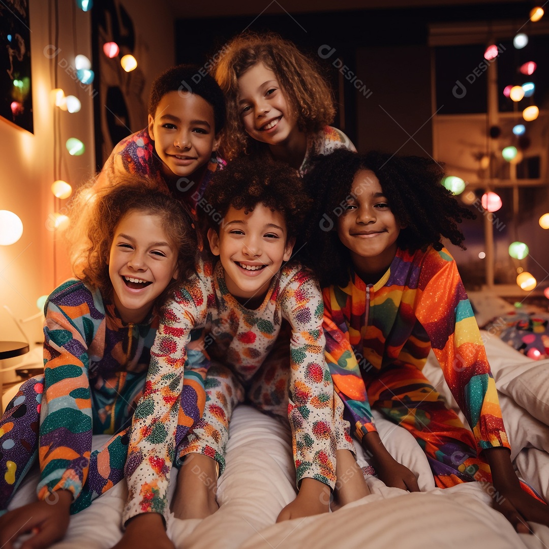 Crianças de várias etnias na festa do pijama