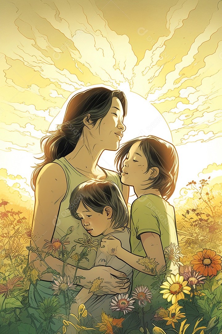 Ilustração Mãe e filhos abraçados em jardim florido