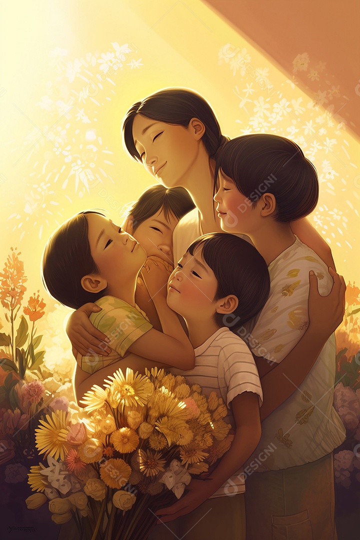 Ilustração filhos abraçando sua mãe