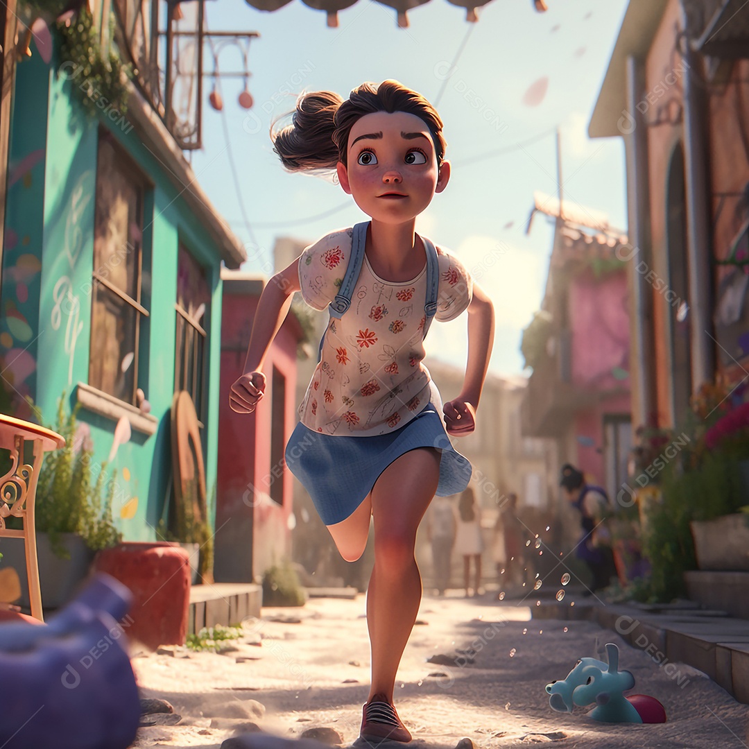 Ilustração cinematográfica de uma bela garota morena correndo