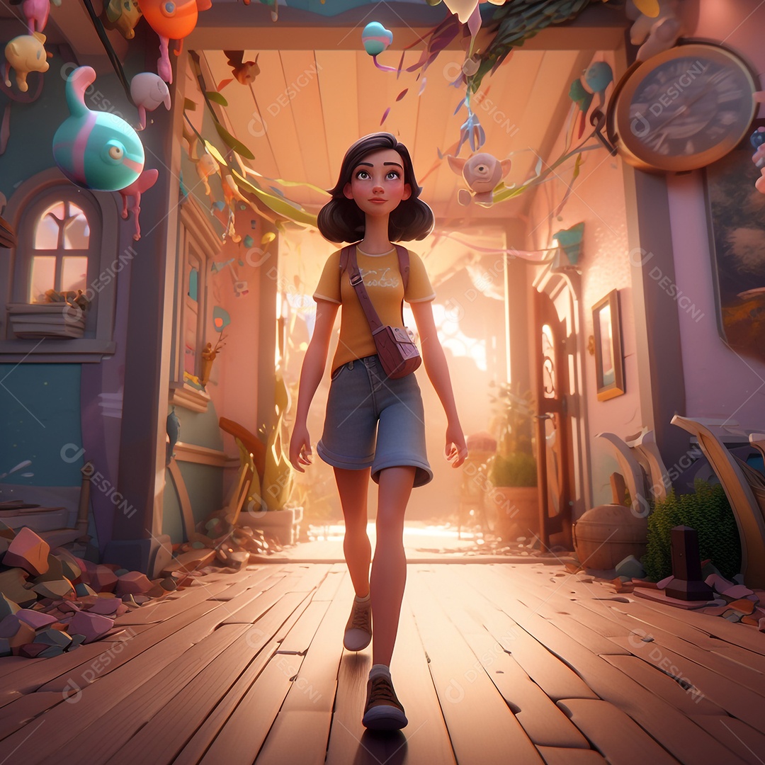 Ilustração cinematográfica de uma bela garota morena