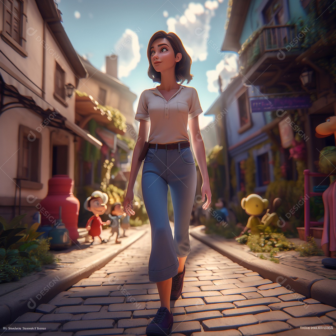 Ilustração cinematográfica de uma bela garota morena  andando pela vila