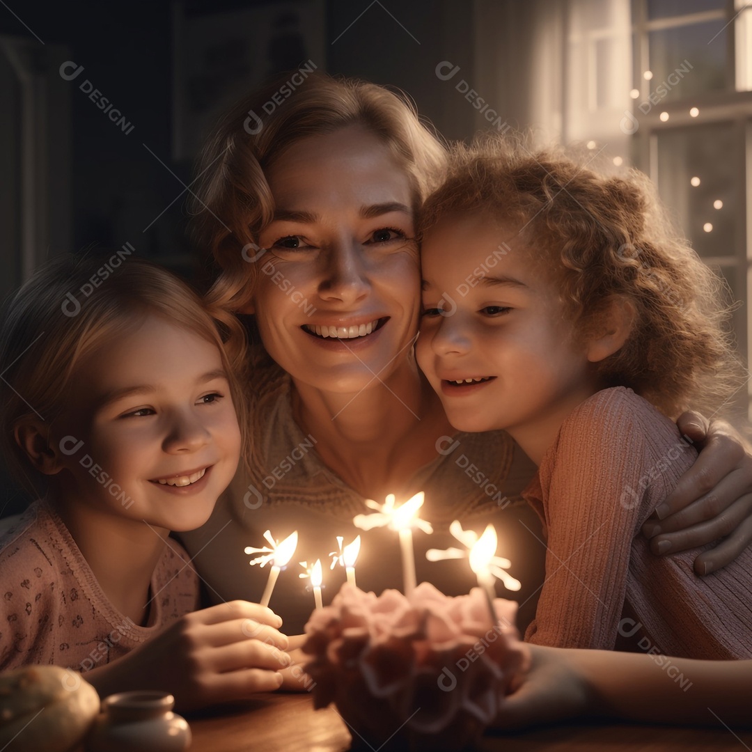 Família feliz comemorando o Dia das Mães