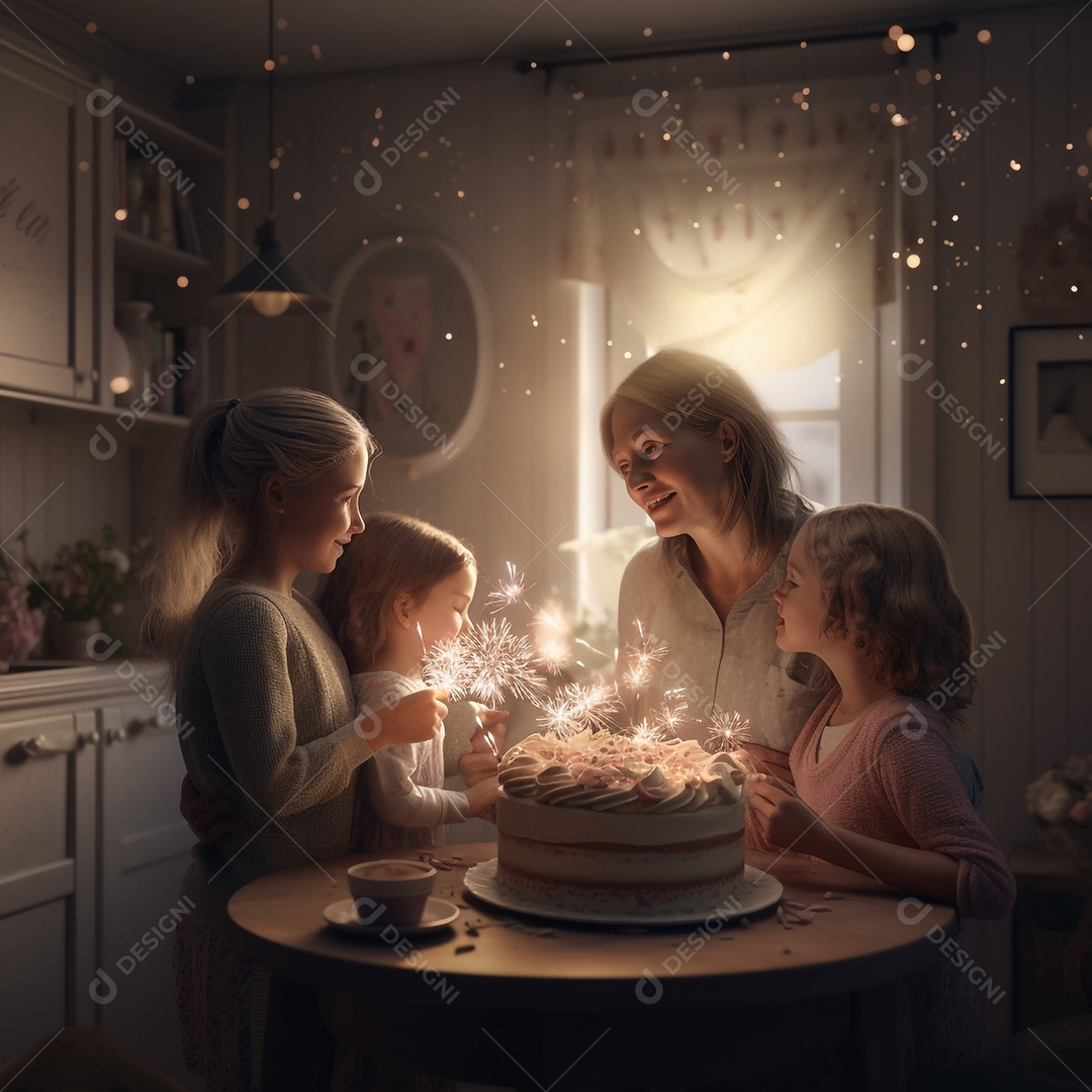 Família feliz comemorando o Dia das Mães