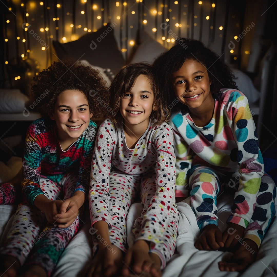 Crianças de várias etnias na festa de pijama