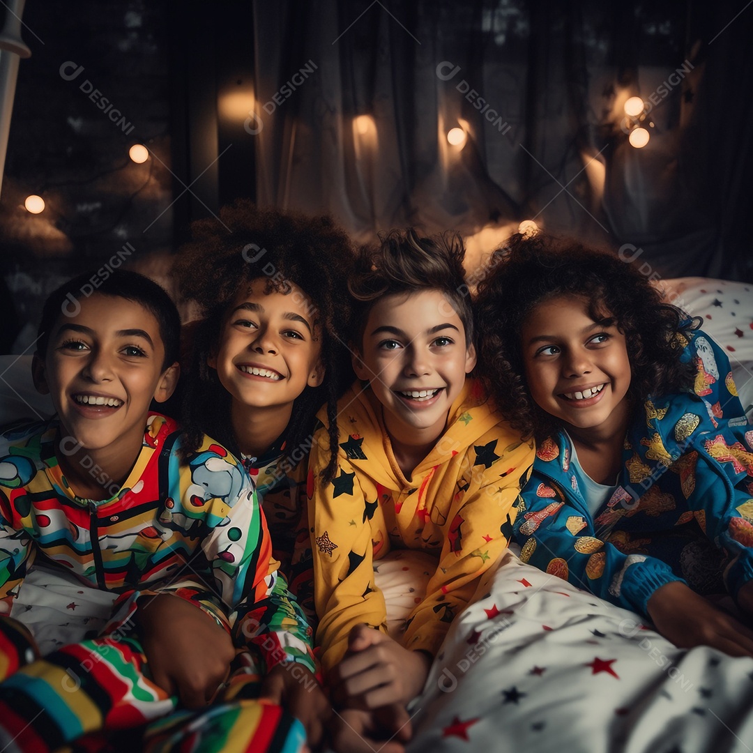 Crianças de várias etnias na festa de pijama