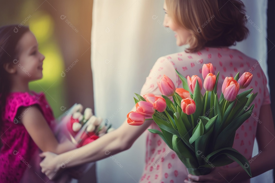 Criança presenteando sua mãe com buquê de flores