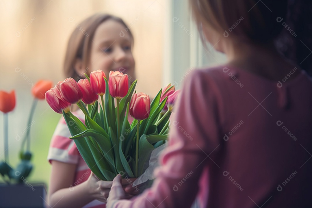 Criança presenteando sua mãe com buquê de flores