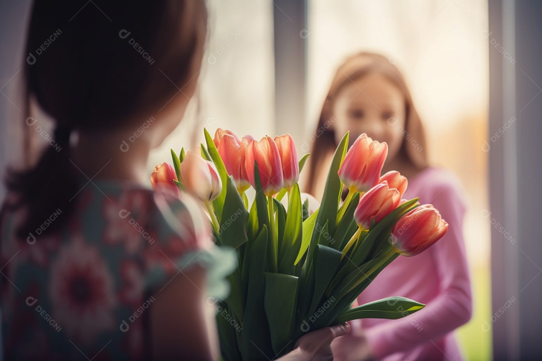 Criança presenteando sua mãe com buquê de flores