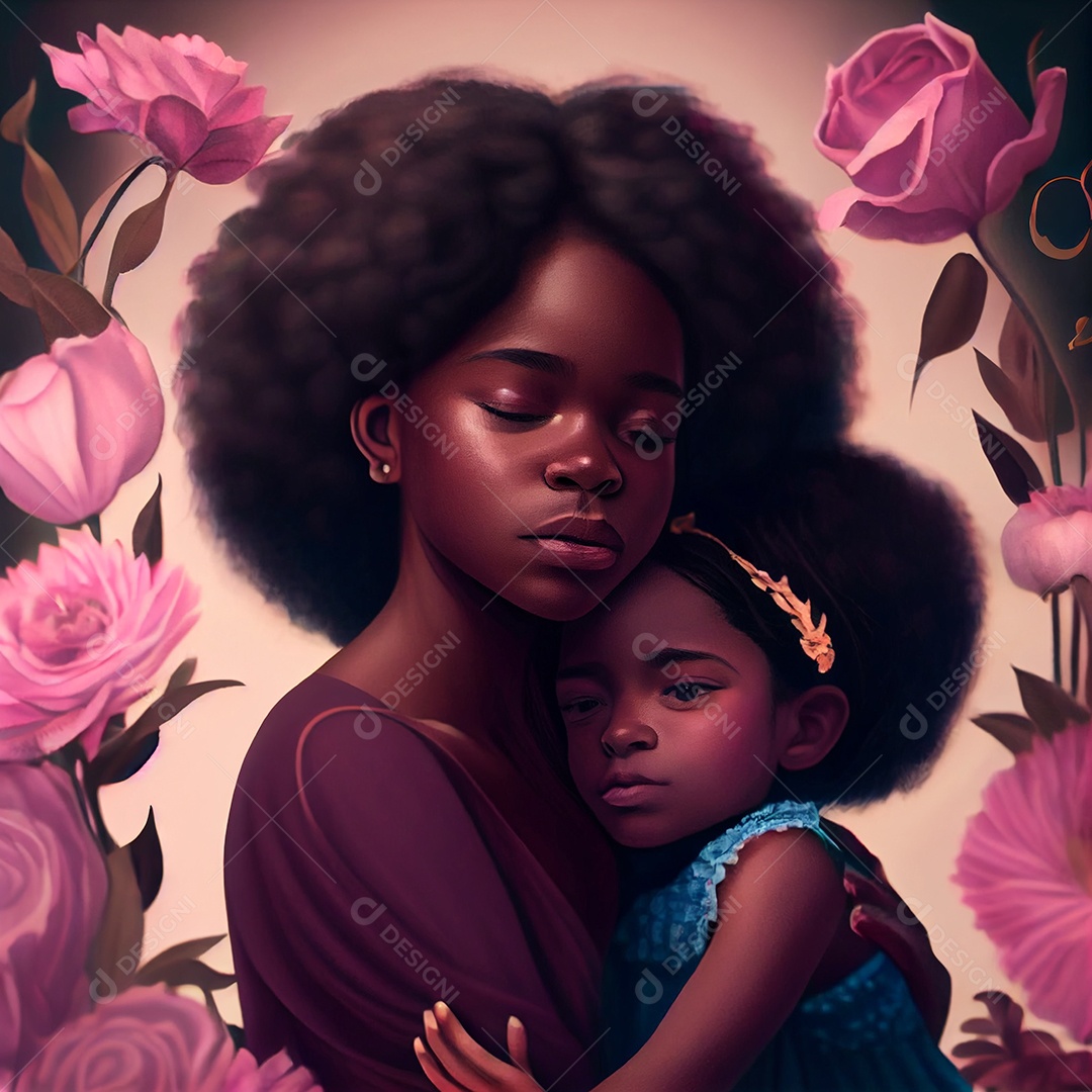 Mulher e filha negras em fundo floral