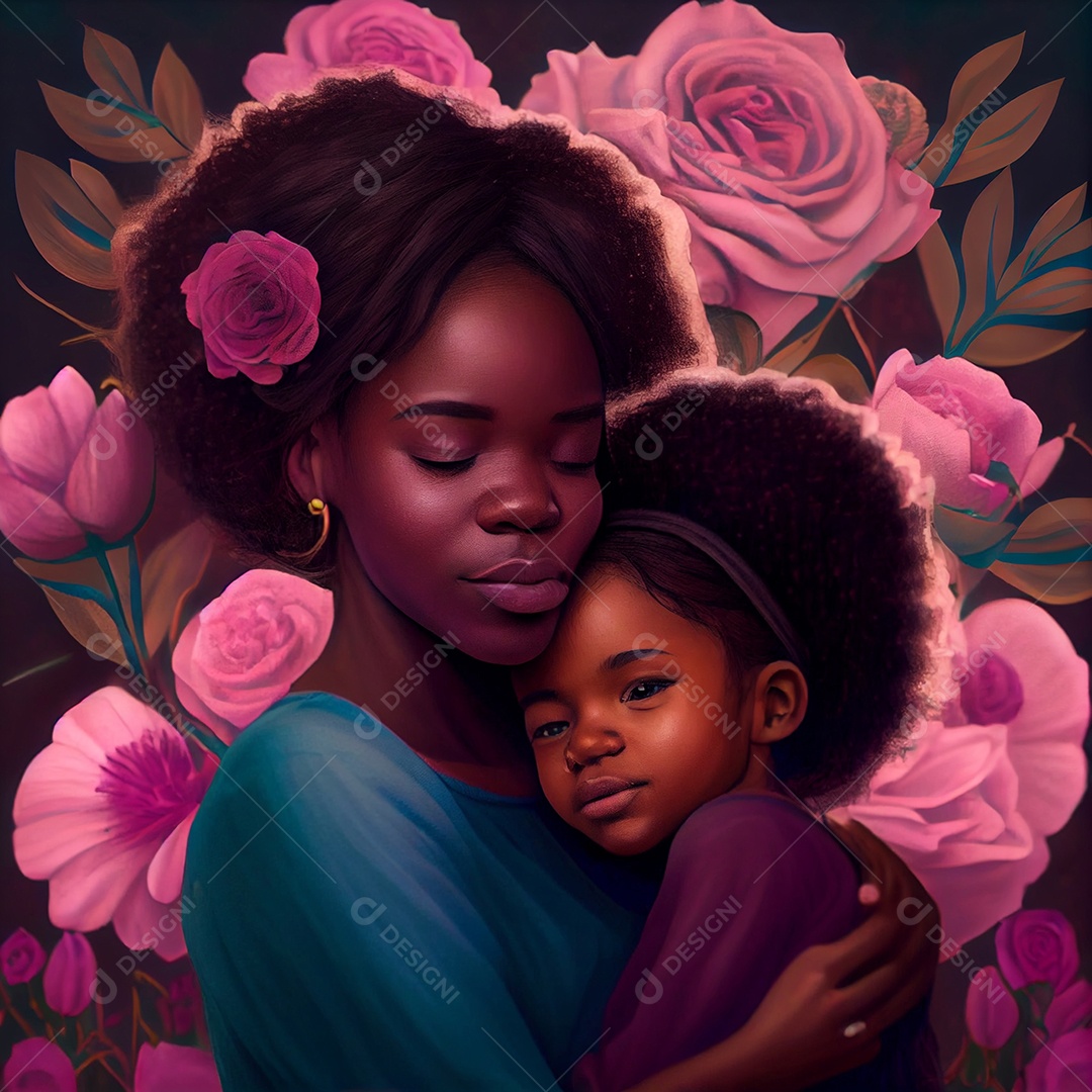 Mulher e filha negras em fundo floral