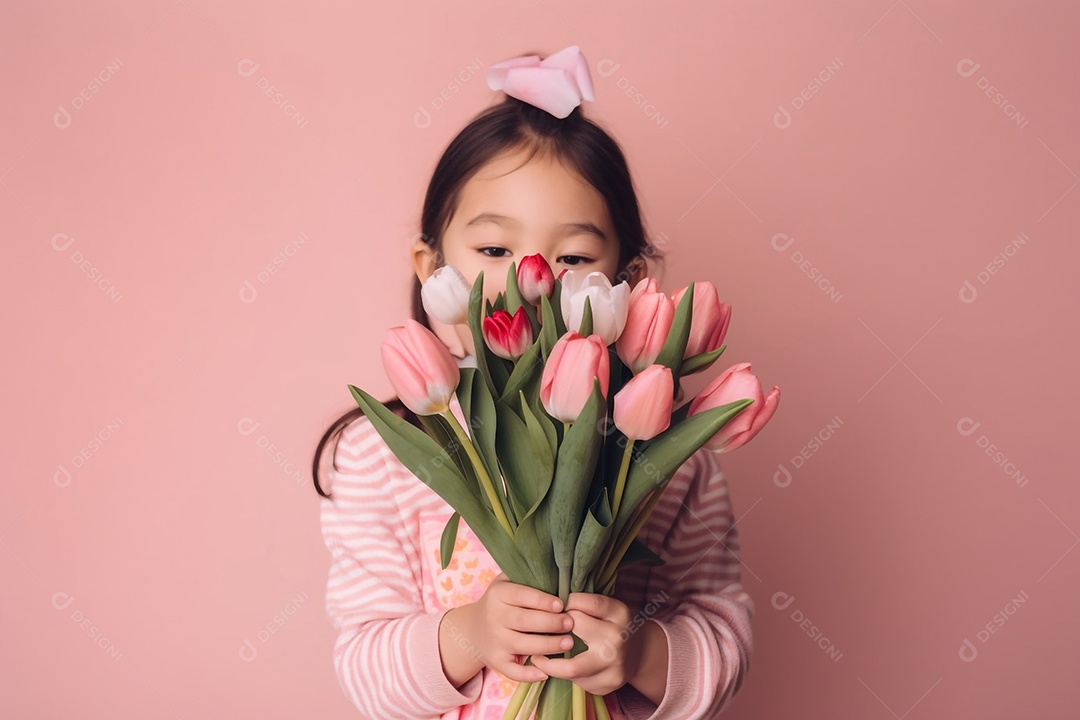 Menina asiática com buquê de flores