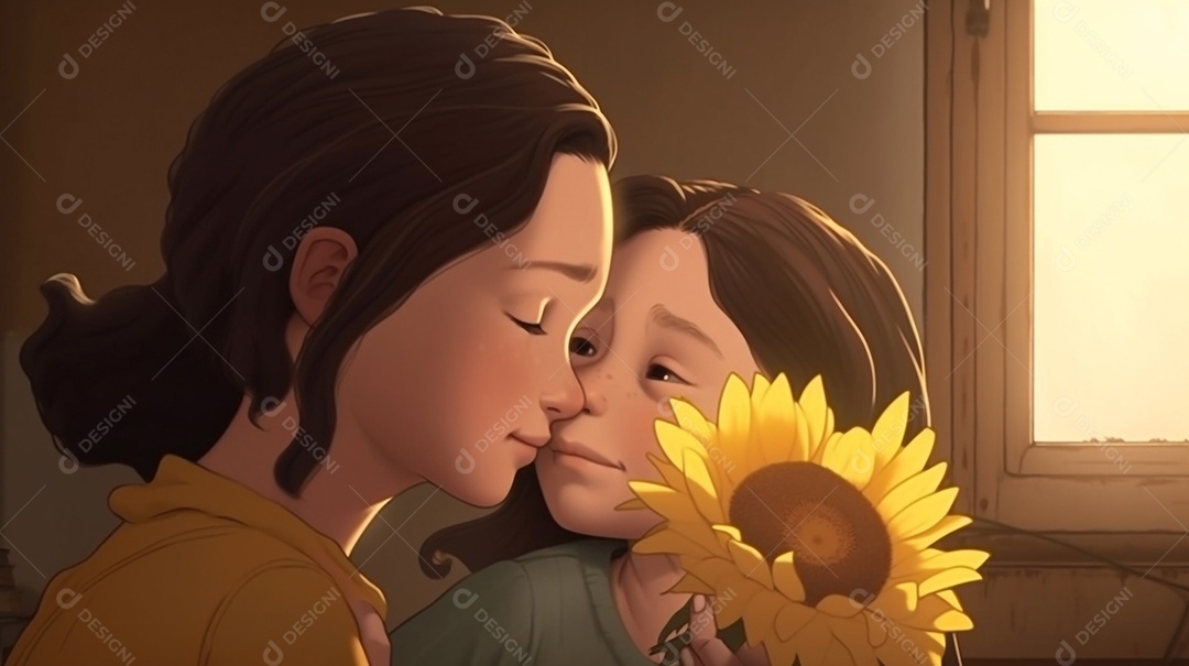 Mãe beija gentilmente sua filhinha em gratidão