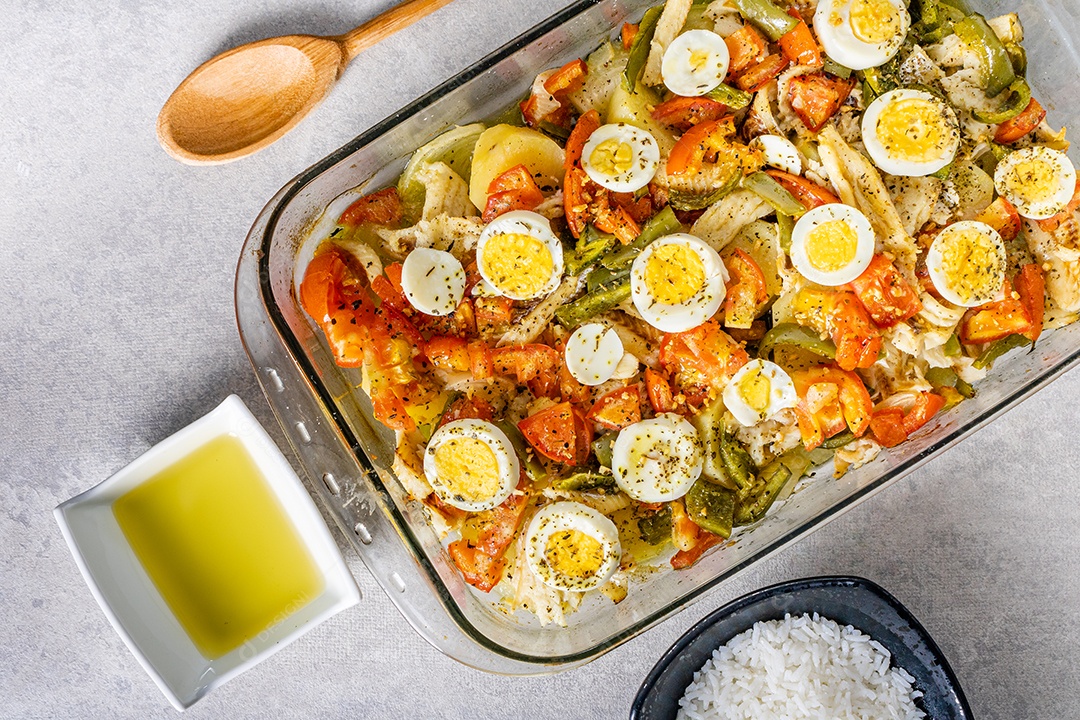 Bacalhau Gomes de sa assado em azeite com tomate, pimentos