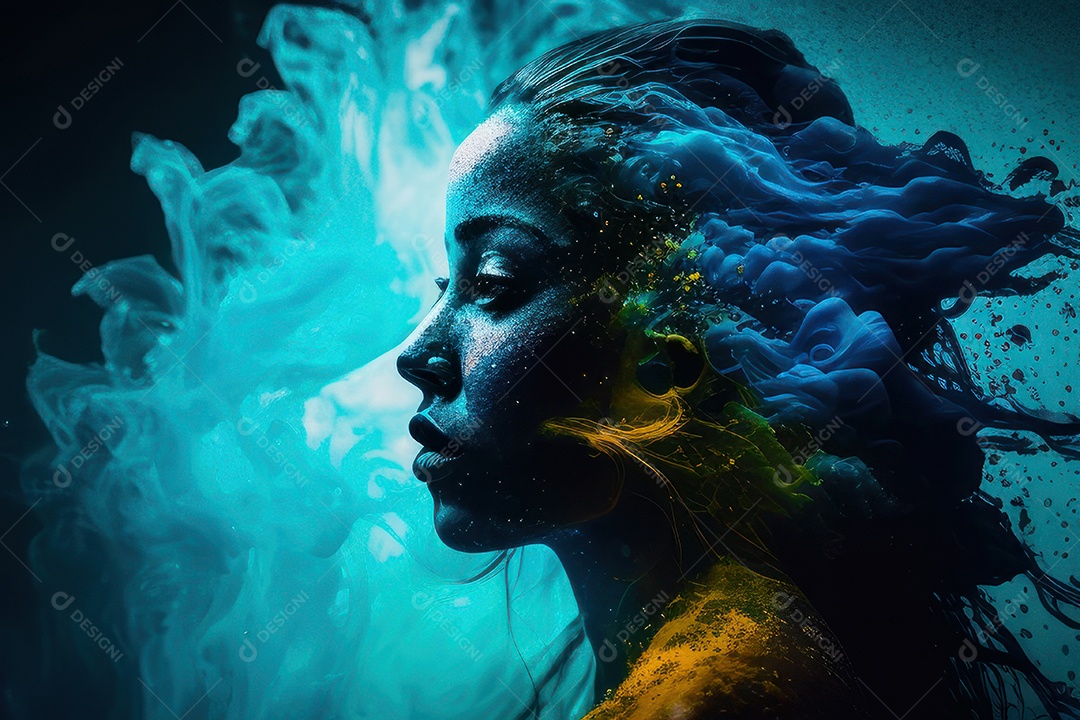 Mulher jovem garota ao lado de esboço de tinta.