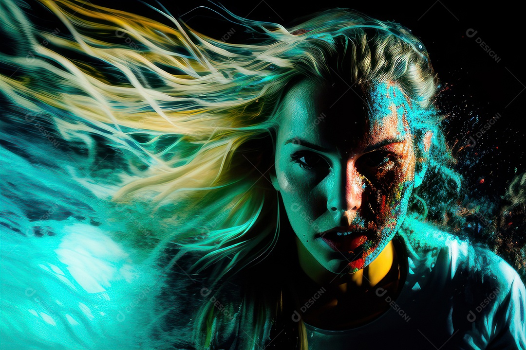 Mulher jovem garota ao lado de esboço de tinta.