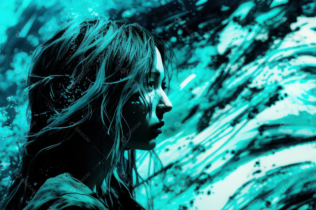 Mulher jovem garota ao lado de esboço de tinta.