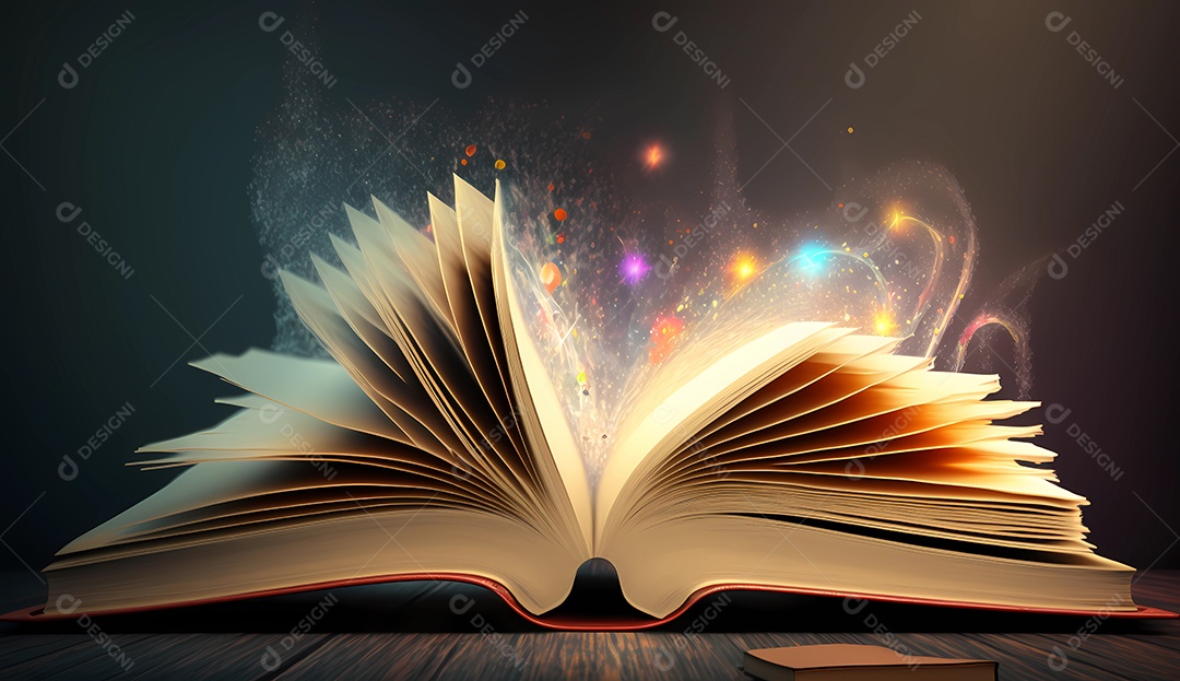 Livro aberto com fumaça mágica vindo de dentro.