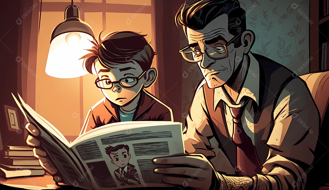 Pai lendo livro para seu filho. ilustração dos desenhos animados.