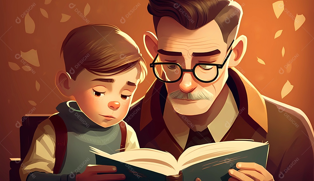 Pai lendo livro para seu filho. ilustração dos desenhos animados. livro do mundo