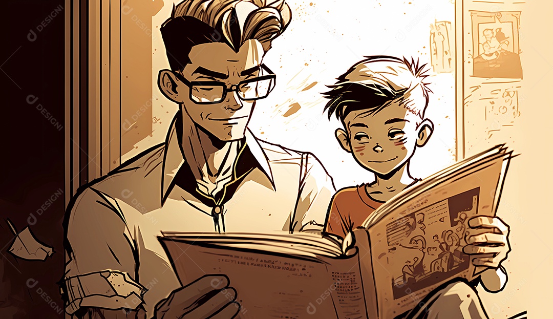 Pai lendo livro para seu filho. ilustração dos desenhos animados. livro do mundo