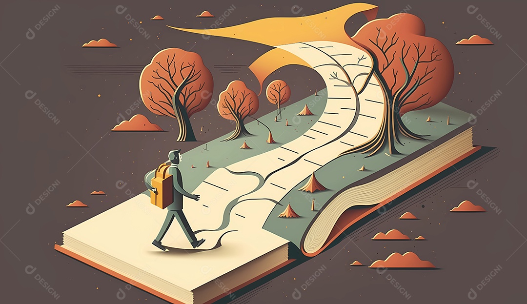 Homem andando na trilha que leva ao livro gigante.