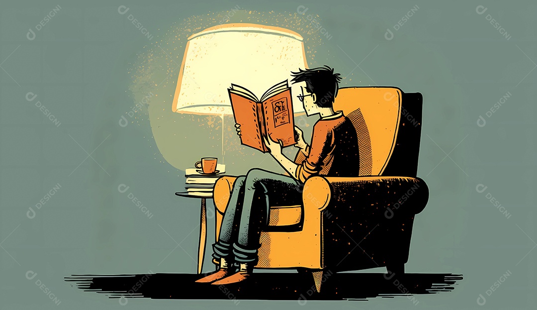 Pessoa ou homem sentado na poltrona lendo livro à noite.