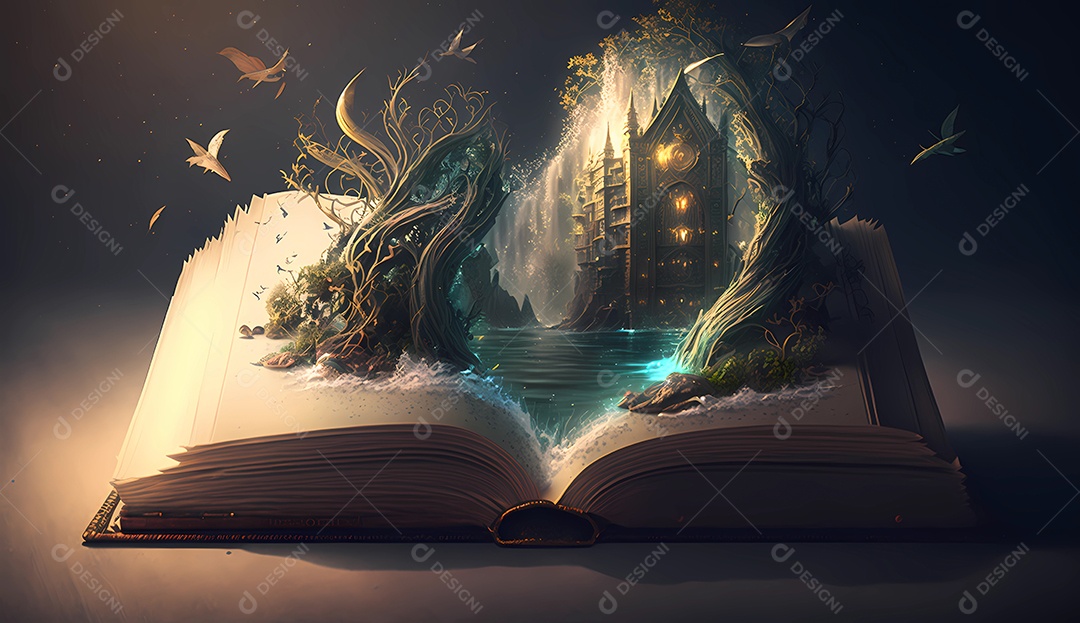 Paisagem montanha e mar saindo de um livro aberto.