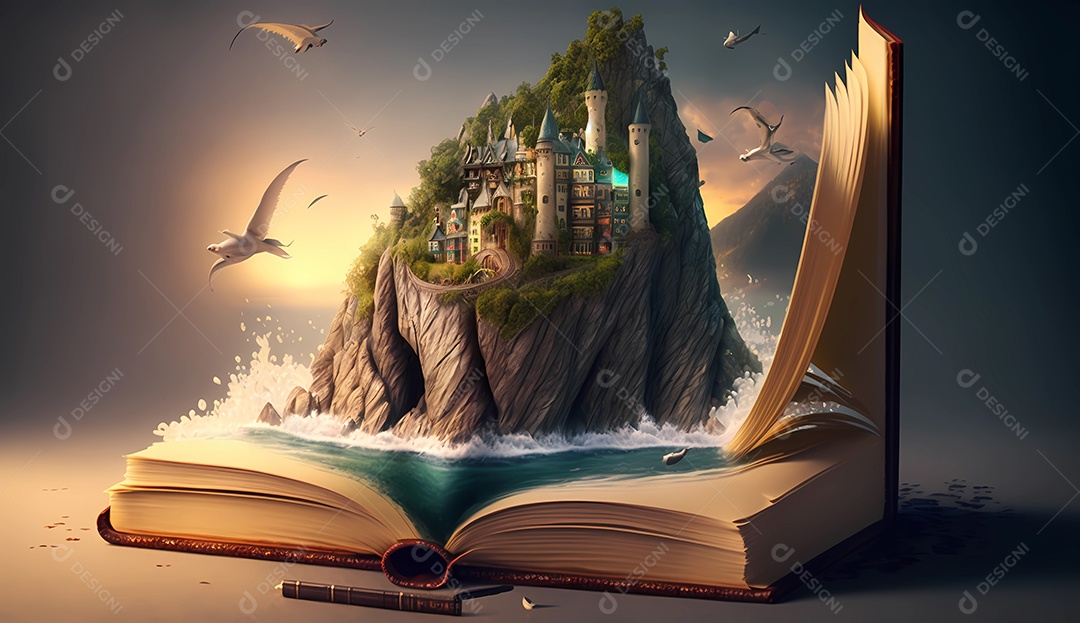 Paisagem montanha e mar saindo de um livro aberto.