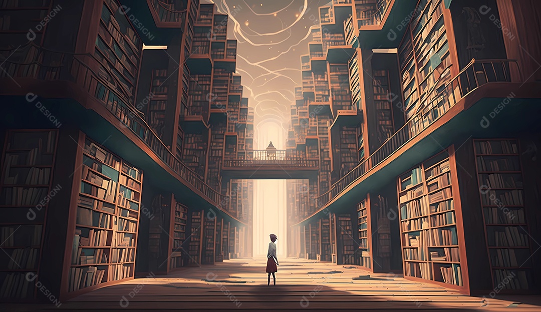 Pessoa pequena andando em uma biblioteca gigante.