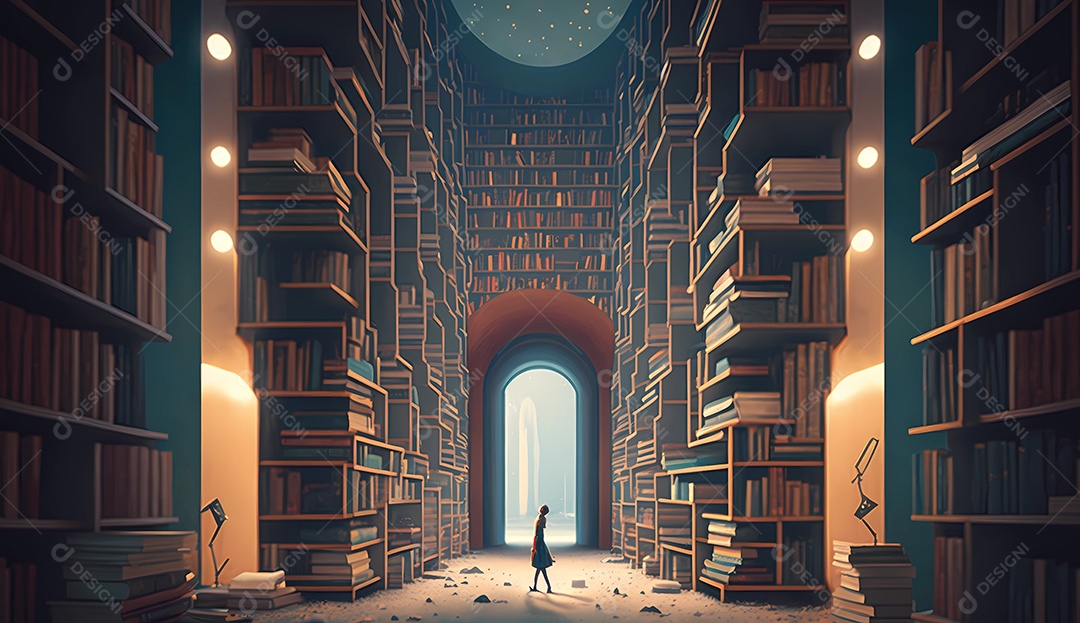 Pessoa pequena andando em uma biblioteca gigante.