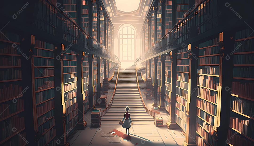 Pessoa pequena andando em uma biblioteca gigante.