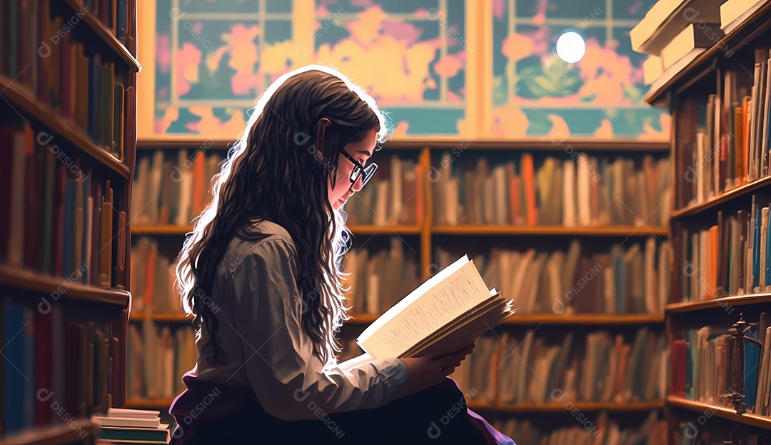 Menina sentada em uma biblioteca lendo um livro.