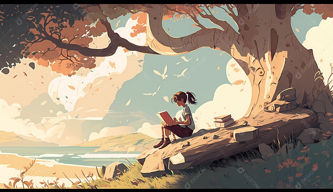 Menina sentada debaixo de uma árvore lendo um livro.