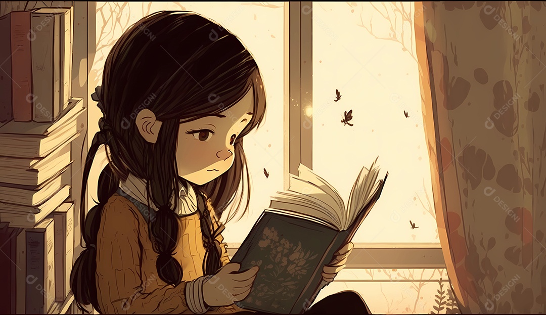 Menina sentada em seu quarto lendo um livro.