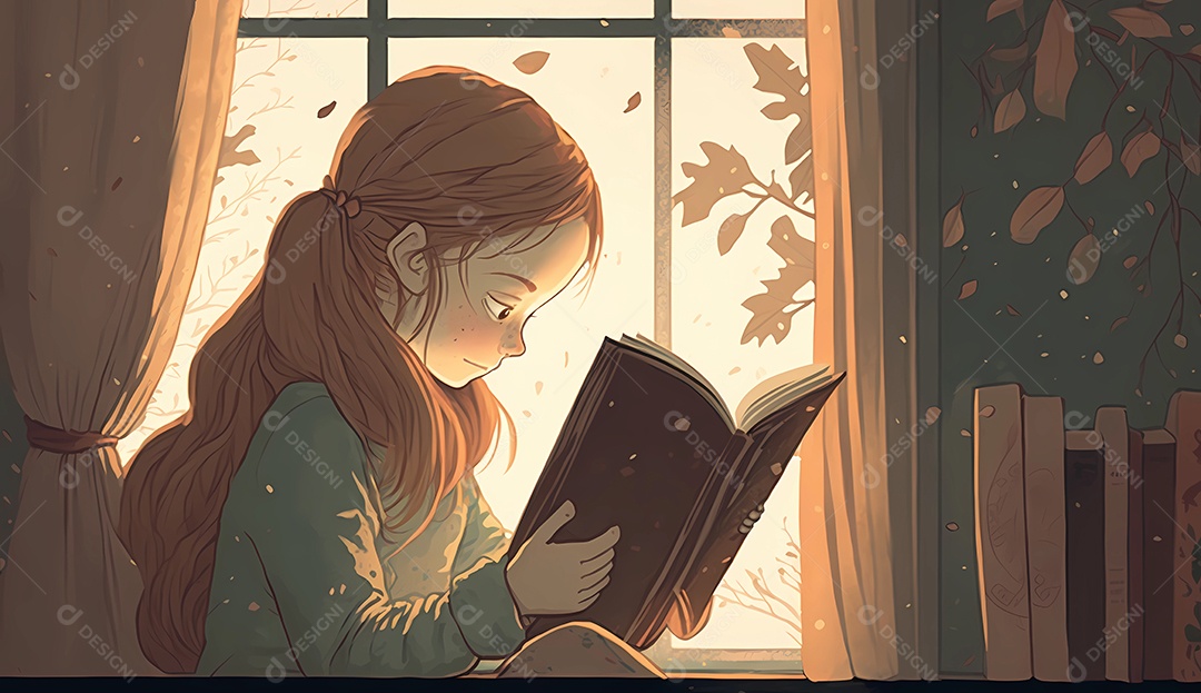 Menina sentada em seu quarto lendo um livro.